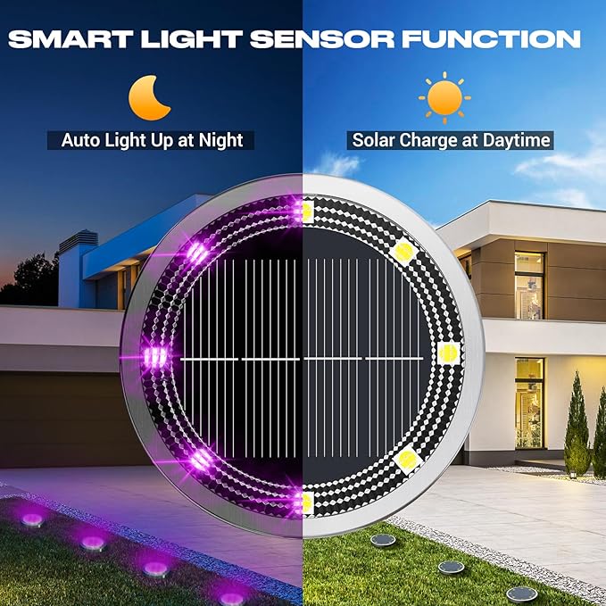 Peasur Solar Ground Lights Outdoor, 8 Pack Flat Solar Powered Disc Lights - Image 2
