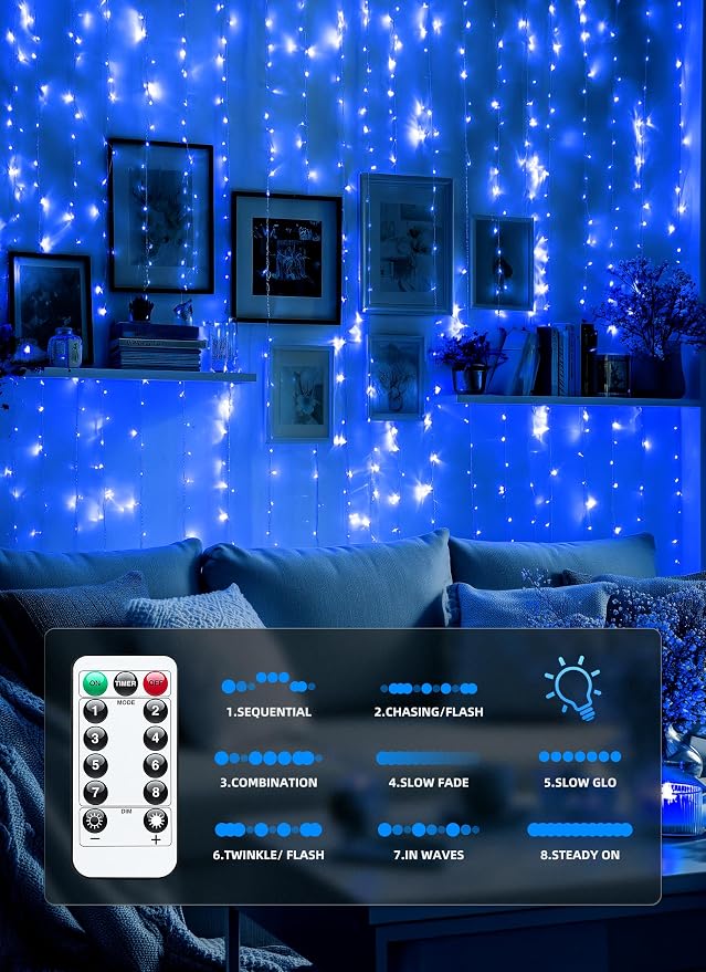 Brightown 300 LED Blue Fairy Curtain Lights, 9.8ft x 9.8ft String Lights - Image 5