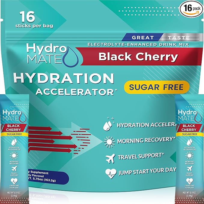 Electrolyte Powder Sugar-Free Hydration Packets Black Cherry HydroMATE 16 Sticks by HydroMATE