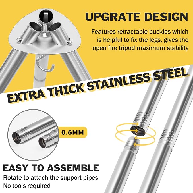 Joyfair Campfire Camping Tripod Grill Grate, Heavy Duty Stainless Steel - Image 2