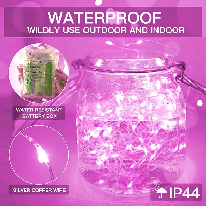 suddus Pink Valentine Day Fairy Lights Battery Operated, 66ft 200 LED String - Image 4