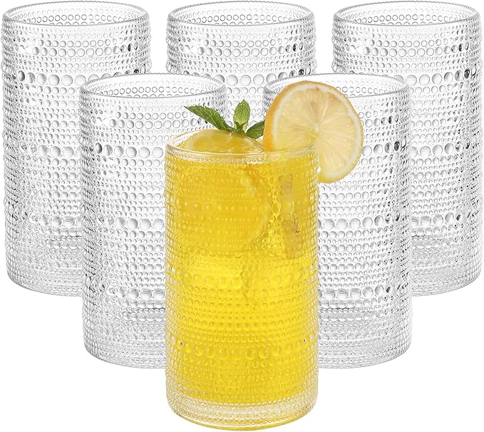 Vintage Hobnail Drinking Glasses Set of 6, 16 oz Large Capacity Embossed Clear by Unknown