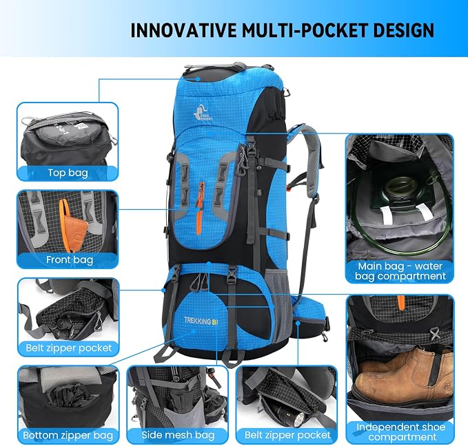 Bseash 80L Waterproof Hiking Camping Backpack - Image 3