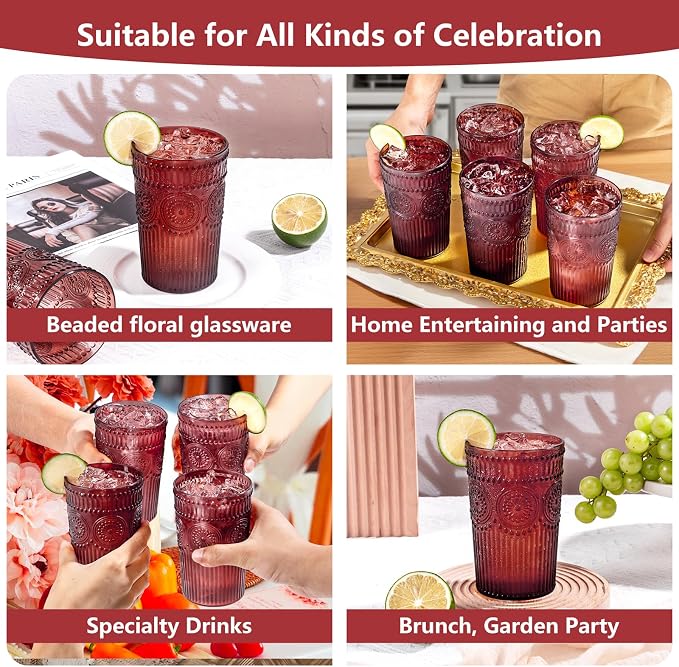 Ciaell 12 Pack Romantic Plastic Water Glasses - 14 Oz Burgundy Vintage Drinking - Image 9