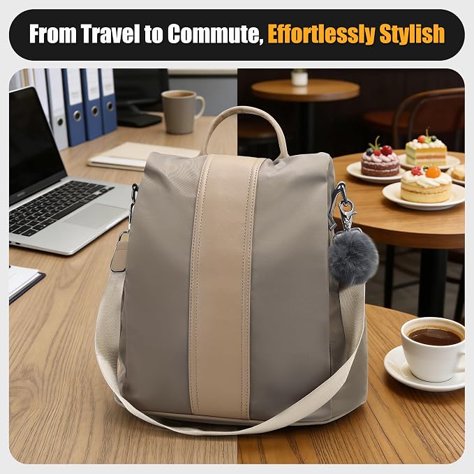 PINCNEL Women Khaki Medium Backpack Purse Waterproof Nylon Anti-theft Rucksack - Image 8