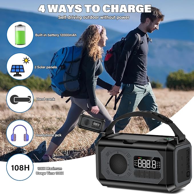 12000mAh Emergency Weather Radio, Hand Crank Solar Radio Portable AM/FM/NOAA - Image 5