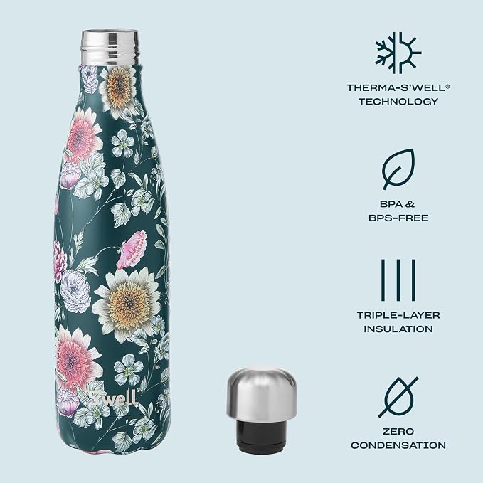 S'well Stainless Steel Water Bottle, Midnight Botanical, Triple Layered Vacuum - Image 3