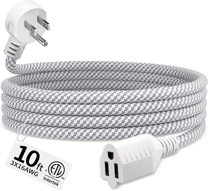 16 Gauge Braided Extension Cord 10 FT, 16/3 Flat Plug Power Cord Indoor by Seeklyze
