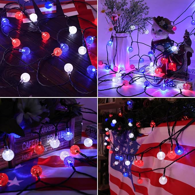 Joomer 4th of July Red White Blue Solar String Lights, 39FT 60LED Waterproof - Image 6