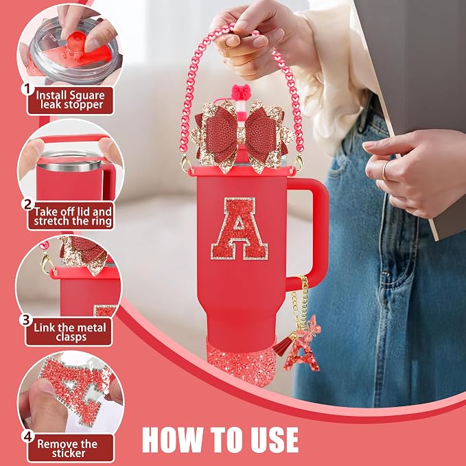 9PCS Red for Stanley Cup Accessories Set Bling Initials Bow Charms for Stanley - Image 5