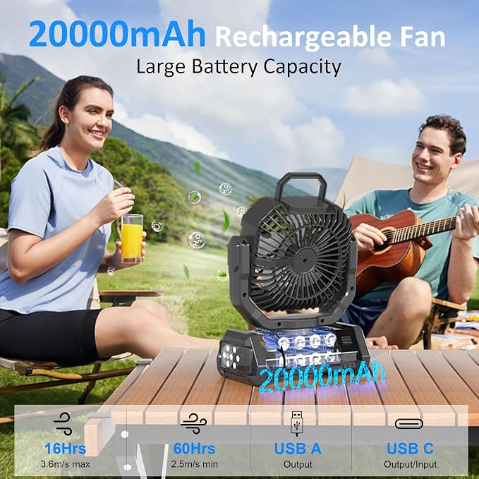 Portable Fan Rechargeable, 20000mAh Cordless Battery Powered Camping Fan - Image 2