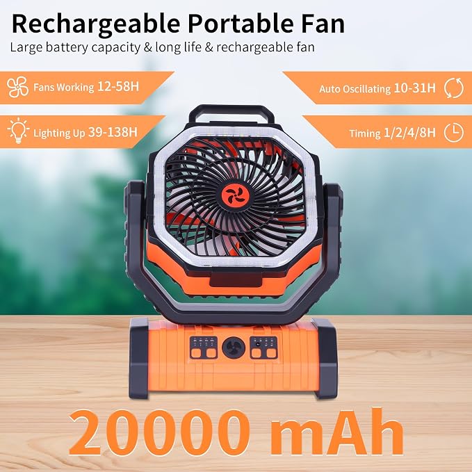 20000mAh Emergency Battery Powered Fan & LED Light, Battery Operated - Image 2