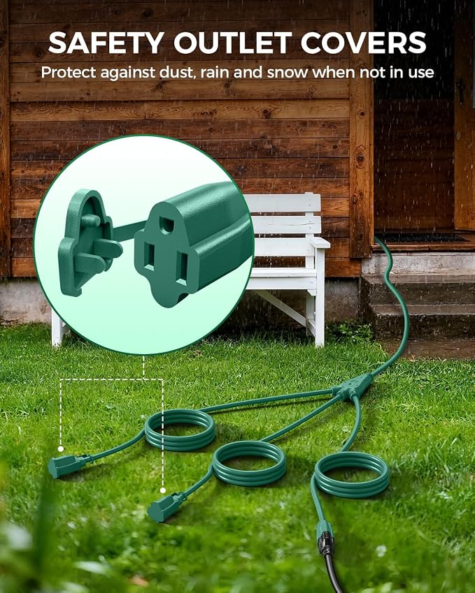 28 Ft Outdoor Power Cord, 1 to 3 Splitter Heavy Duty Weatherproof Extension Cord - Image 5