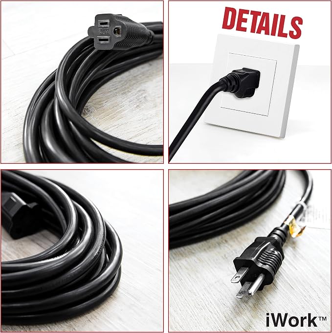 25 Ft Black Extension Cord 3 Prong, Weather-Resistant 16/3 SJTW, 1625 Watt - Image 4