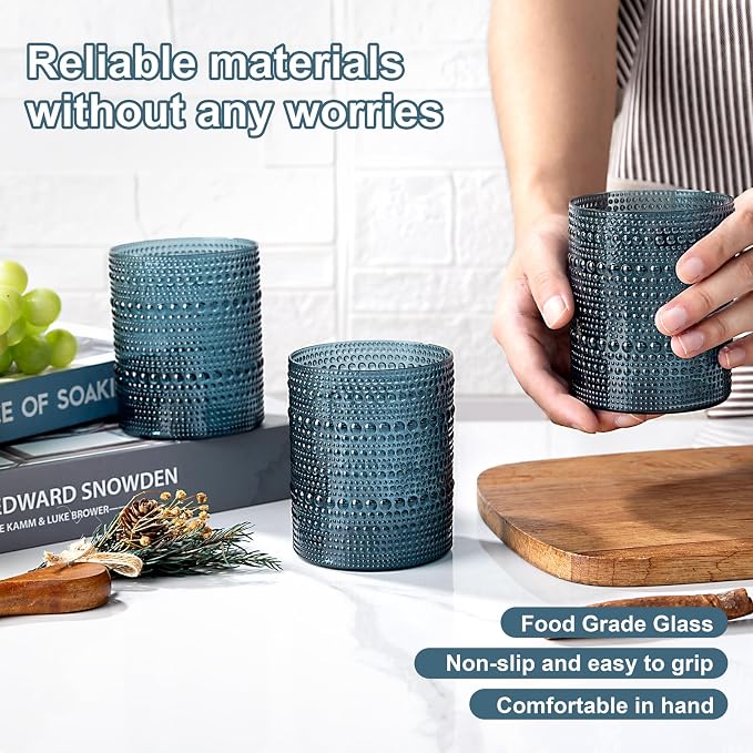 YOUBET 24PCS Plastic Hobnail Drinking Glasses - 14 Oz Blue Vintage Glasses - Image 3