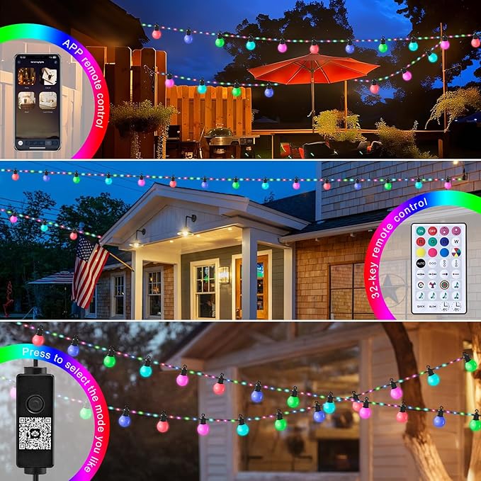 Smart Outdoor String Lights 65.6Ft, RGB IC Color Changing LED Patio Light IP67 - Image 4