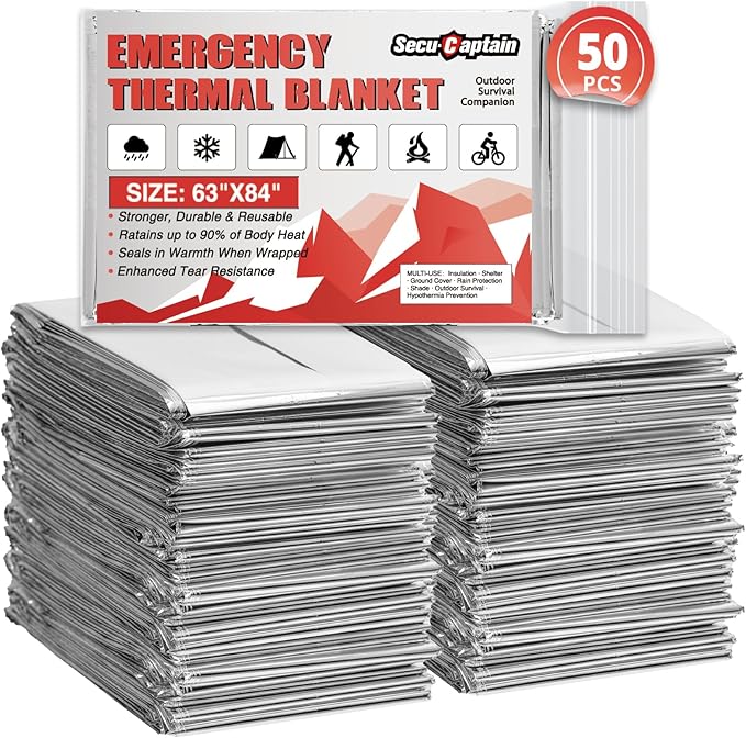 SecuCaptain Survival Emergency Thermal Blankets: 50 Pack Extra Large 84” x63” by SecuCaptain