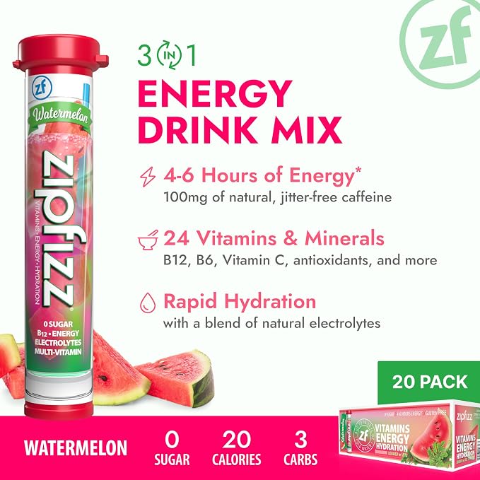 Zipfizz Daily Energy Drink Powder, Watermelon, 20 Pack | 3-in-1 Sustained Energy - Image 3