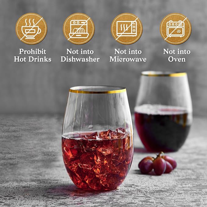 FOCUSLINE 20pcs 16 Oz Plastic Wine Glasses, Stemless Gold Rim, Heavy Duty - Image 5