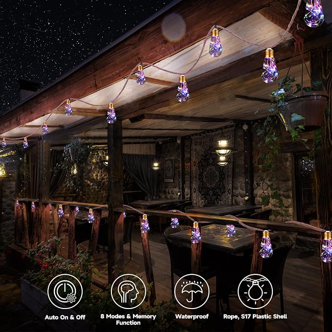 Solar Outdoor String Lights, 20Ft Vintage Rope Hemp Solar Patio Lights - Image 2