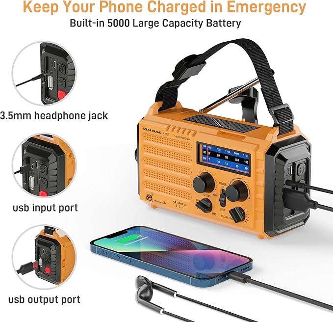 Eoxsmile Emergency Radio with NOAA Weather Alert, 5000mAh Solar Hand Crank - Image 4