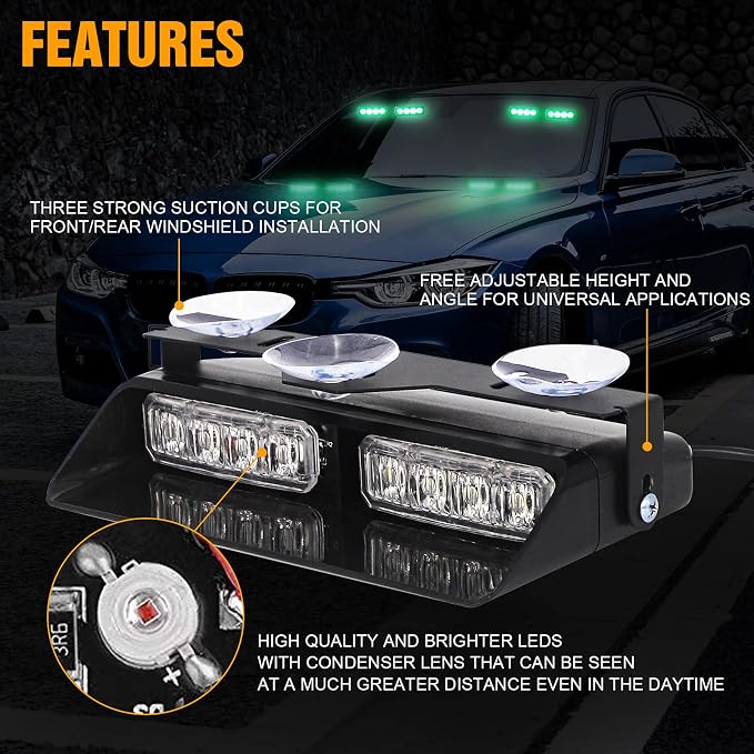 XRIDONSEN 2 in 1 Green Emergency Lights Dash Strobe Lights Interior Windshield - Image 3