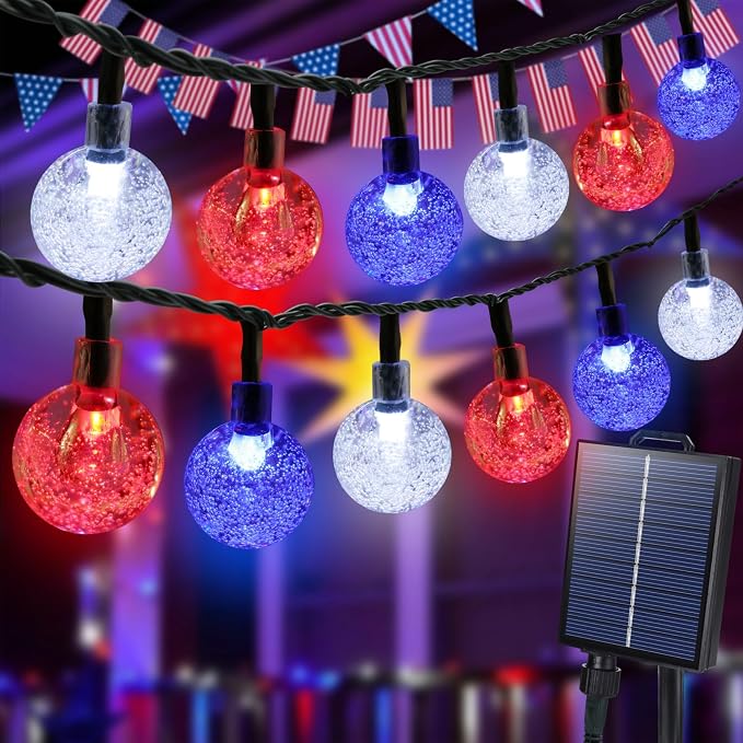 Joomer 4th of July Red White Blue Solar String Lights, 39FT 60LED Waterproof by Joomer