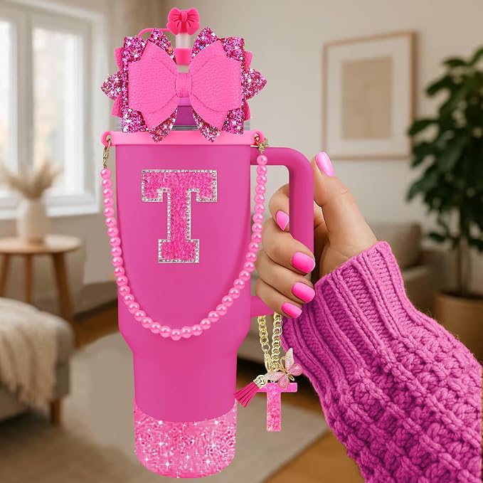 9PCS Hot Pink for Stanley Cup Accessories Set Bling Initials Bow Charms for - Image 2