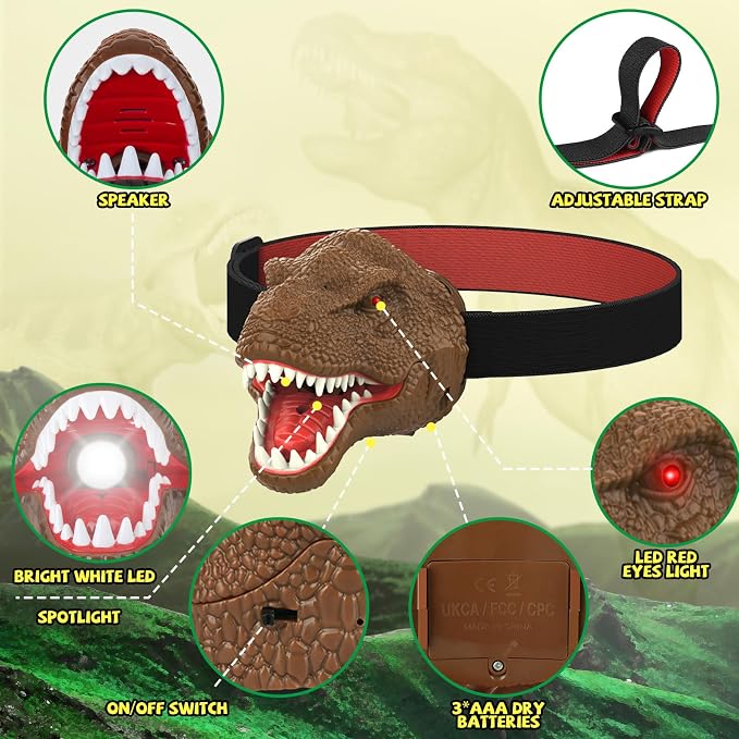 Nitigo Dinosaur Headlamp for Kids Flashlight Led Headlights Roar & Silent Mode - Image 2