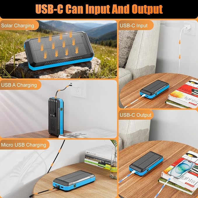 Solar Power Bank 33800mAh with Super Bright LED Flashlight, Built-in 4 Cables & - Image 3