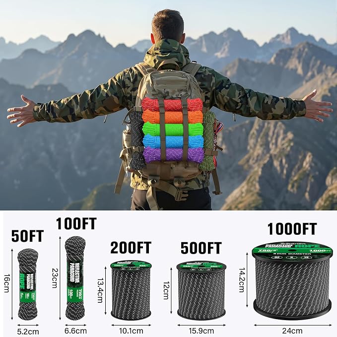 Reflective Paracord Rope 750 lb - 200ft 5/32" Parachute Cord 4MM 12-Strand para - Image 4