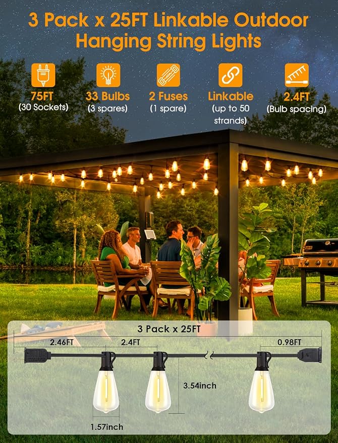 Larkvue 75FT Outdoor String Lights, Patio Lights - Image 2