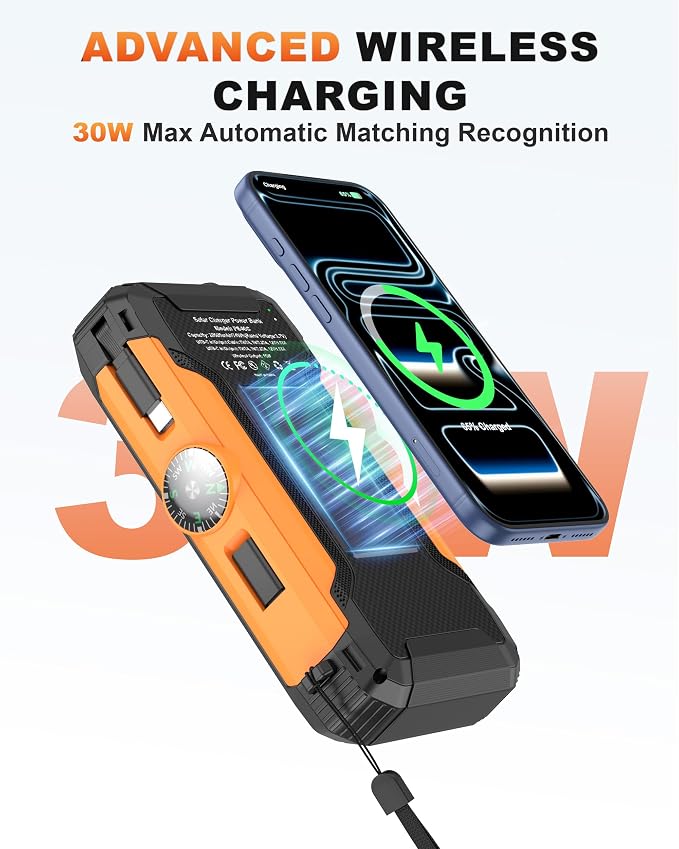 Solar Power Bank with Hand Crank and Retractable Cables, 20000mAh Wireless - Image 4