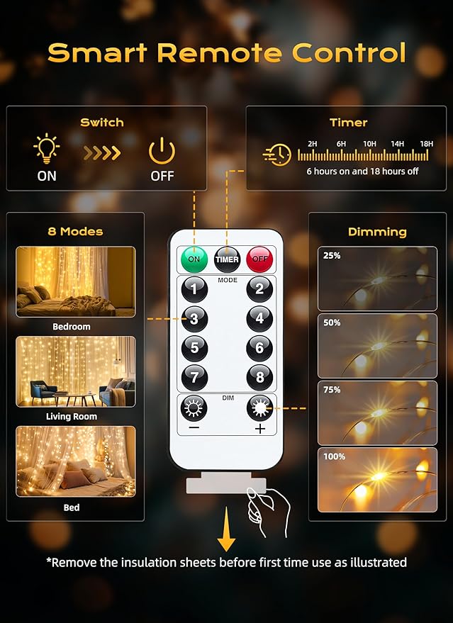 Brightown 300 LED Fairy Curtain Lights, 9.8ft x 9.8ft String Lights, USB Plug - Image 6