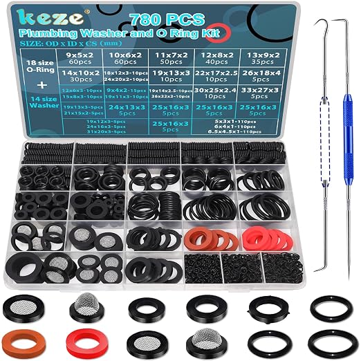 KEZE 780 PCS Rubber Washer Assortment Kit 14 Size Water Hose Washers and 18 by KEZE