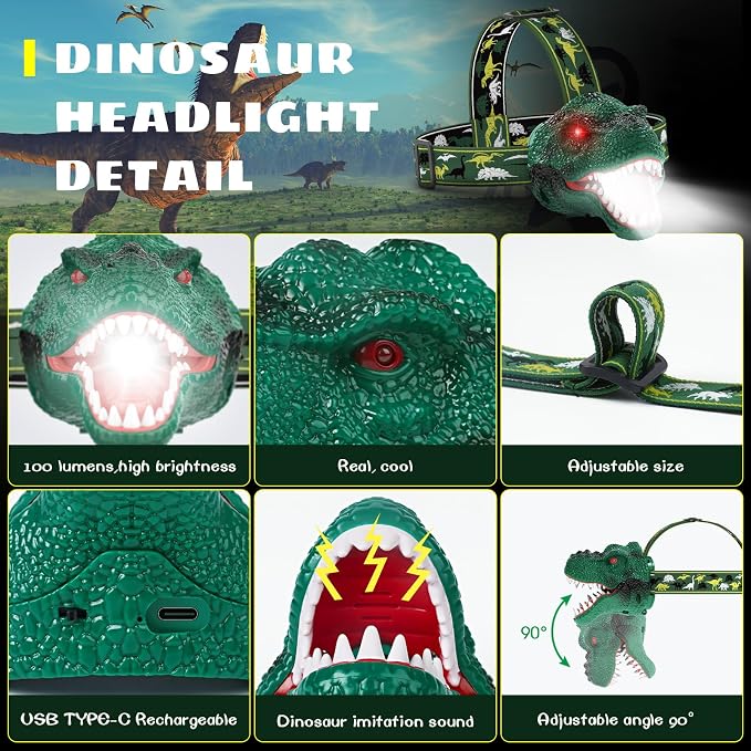 Dysaim Kids Headlamp, Rechargeable T-Rex Dinosaur Headlamp - Image 4