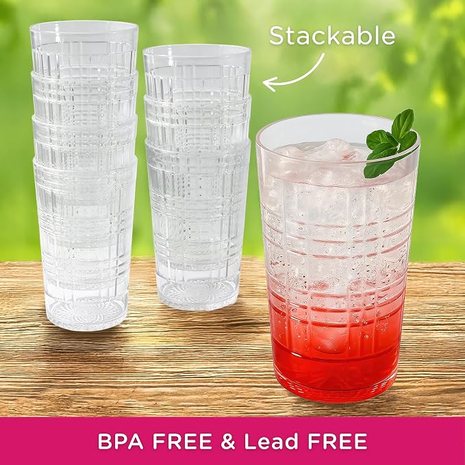Kate Aspen Clear Plaid Acrylic Glasses Drinkware, Plastic Drinking Glasses Set - Image 4