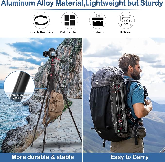68" Ball Head Camera Tripod & Monopods, 360° Smooth Rotation V-Yoke Rifle - Image 3