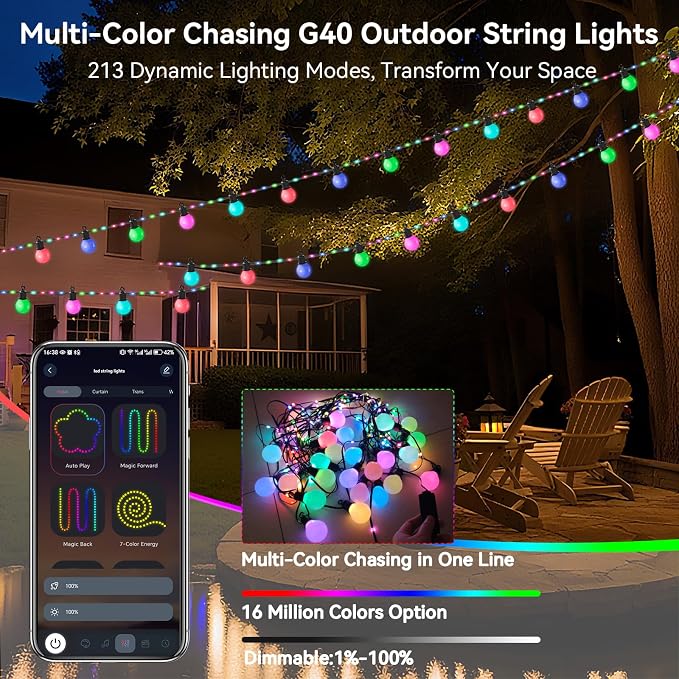 Smart Outdoor String Lights 65.6Ft, RGB IC Color Changing LED Patio Light IP67 - Image 2