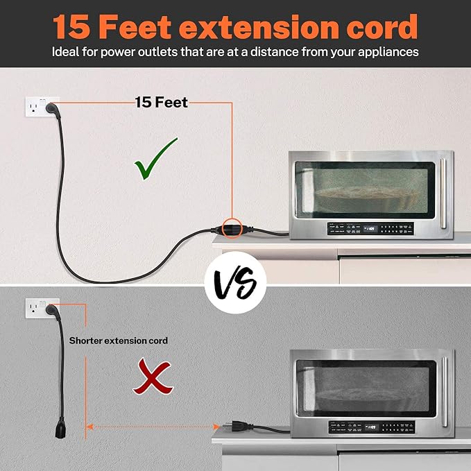 FIRMERST 1875W 15 Feet Extension Cord 14 AWG 15A Flat Plug Black - Image 3