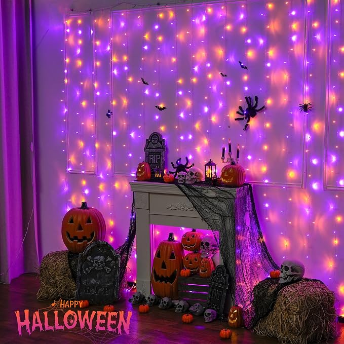 JMEXSUSS 300LED Orange and Purple Halloween Curtain Lights - Image 6