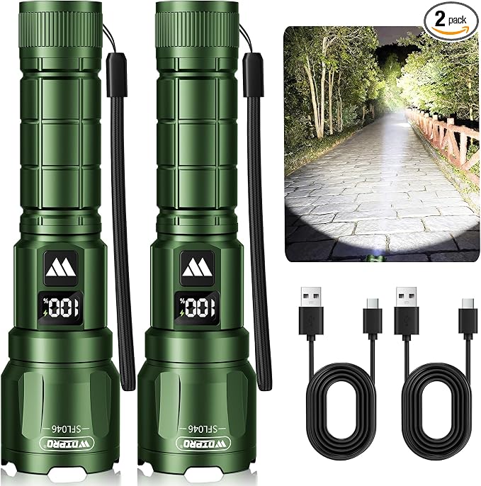WdtPro LED Rechargeable Flashlight 2 Pack, Super Bright Zoomable 6000 Lumens by WdtPro