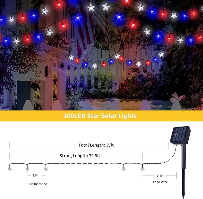 2 Pack Solar Powered Outdoor Patriotic Star String Lights, 100 LED 33 FT Each - Image 7