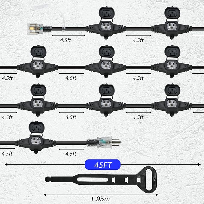 50FT 12 Gauge Multi-Outlet Outdoor Extension Cord, 10 Evenly Spaced - Image 3