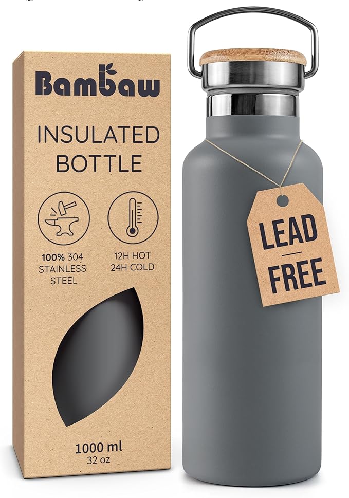 Bambaw Stainless Steel Water Bottle, 32 oz Water Bottles Insulated, by Bambaw