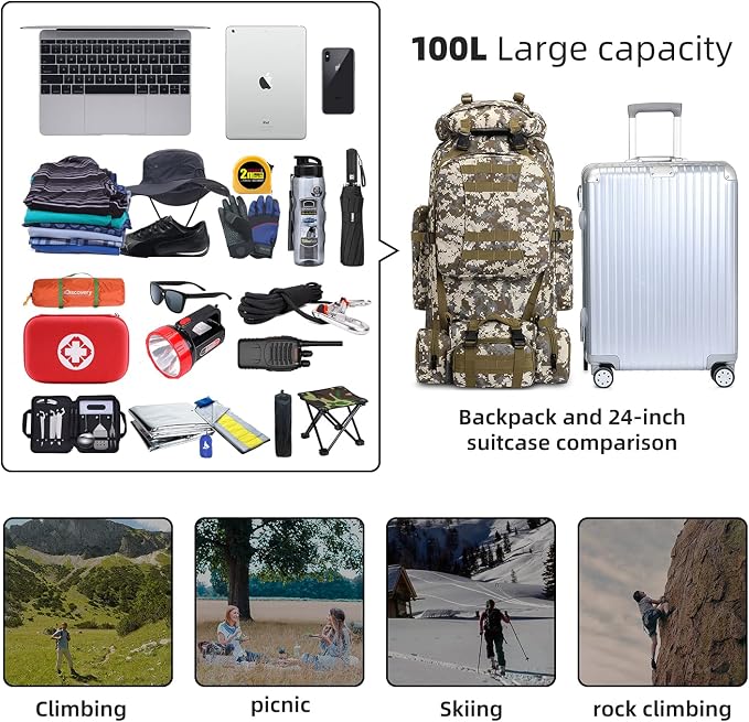 100L Camping Hiking Backpack, Molle military Tactical rucksack backpack - Image 6