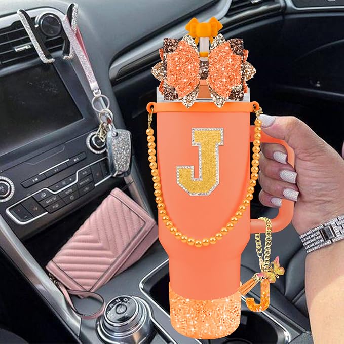 9PCS Orange for Stanley Cup Accessories Set Bling Initials Bow Charms for - Image 6