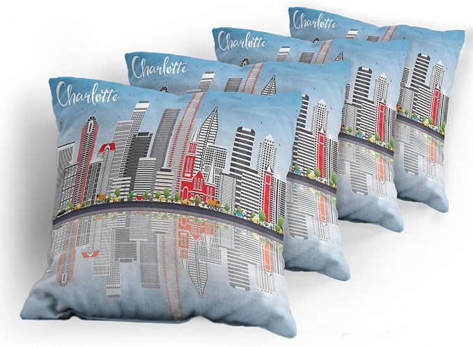 Ambesonne North Carolina Throw Pillow Cushion Case Pack of 4, Charlotte Skyline - Image 5