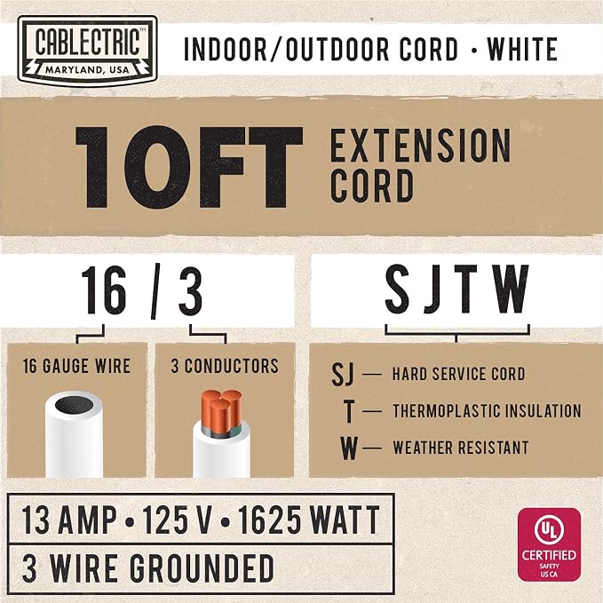 16/3 White Outdoor Extension Cord 10 Foot - 13 Amp Electrical Cable 3 Prong - Image 2