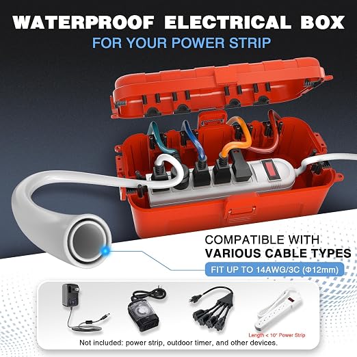 Flemoon Medium Outdoor Electrical Box, IP54 Waterproof Extension Cord Cover w/6 - Image 2